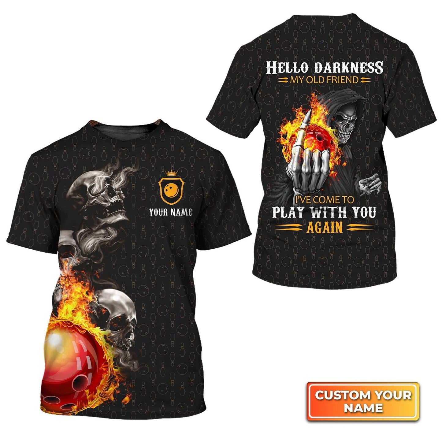 Bowling Custom Name T Shirt, Bowling Skull Hello Darkness My Old Friend Personalized T-Shirt For Men, Perfect Gift For Bowling Lovers, Bowlers, Team - Amzanimalsgift