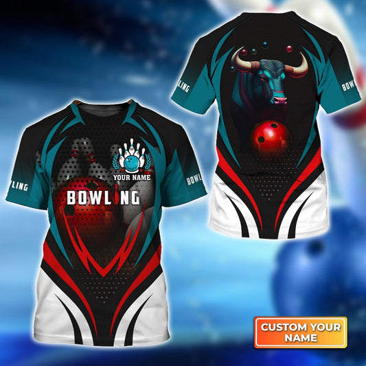 Bowling Custom Name T Shirt, Bull Bowling Team With Red Ball Personalized T-Shirt For Men, Perfect Gift For Bowling Lovers, Bowlers, Team, Friend - Amzanimalsgift