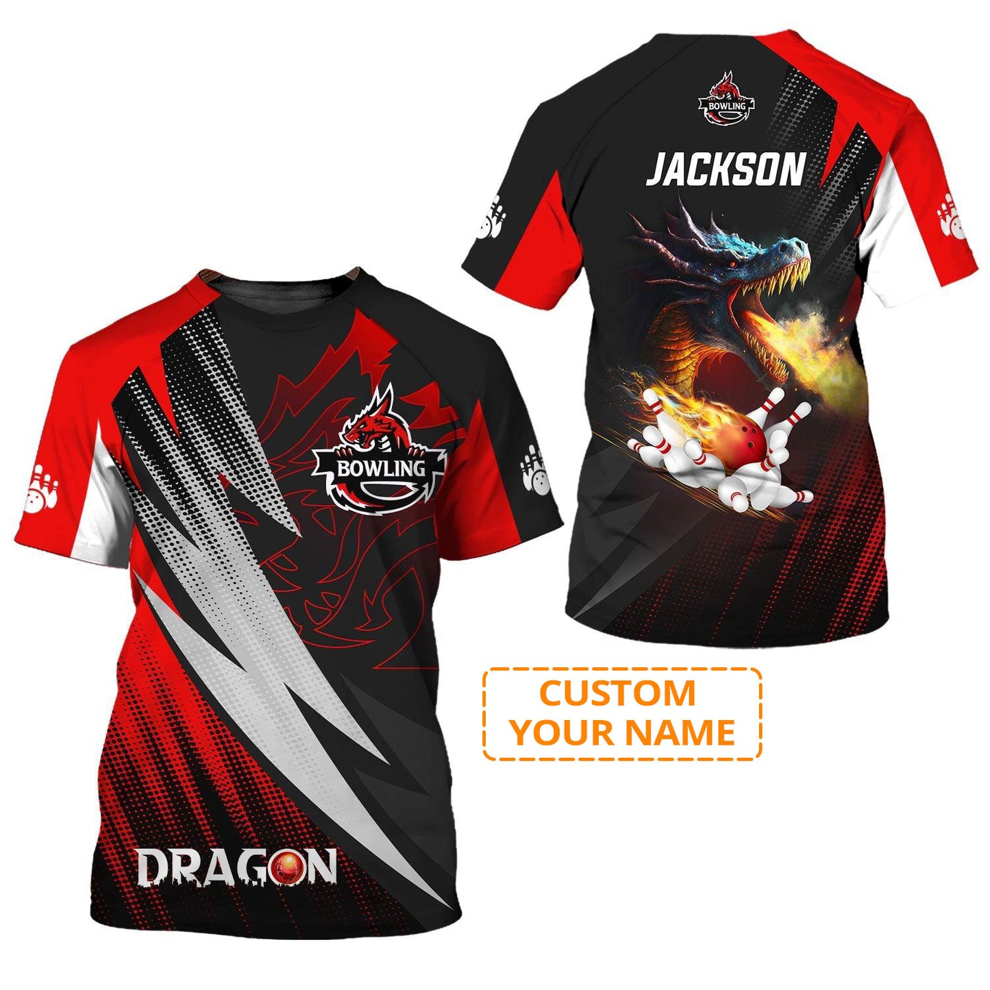 Bowling Custom Name T Shirt, Dragon Team Red Bowling Ball On Fire Personalized Name T-Shirt For Men, Perfect Gift For Bowling Lovers, Bowlers, Team