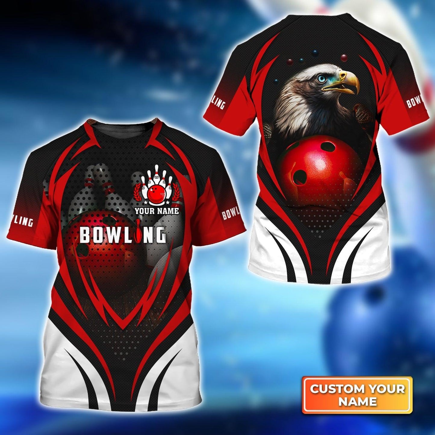 Bowling Custom Name T Shirt, Eagle Bowling Team With Red Ball Personalized T-Shirt For Men, Perfect Gift For Bowling Lovers, Bowlers, Team, Friend - Amzanimalsgift