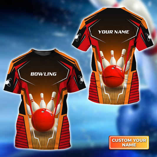Bowling Custom Name T Shirt, Mens Bowl Pin And Red Bowling Ball Personalized T-Shirt For Men, Gift For Bowling Lovers, Bowlers, Team, Friend - Amzanimalsgift