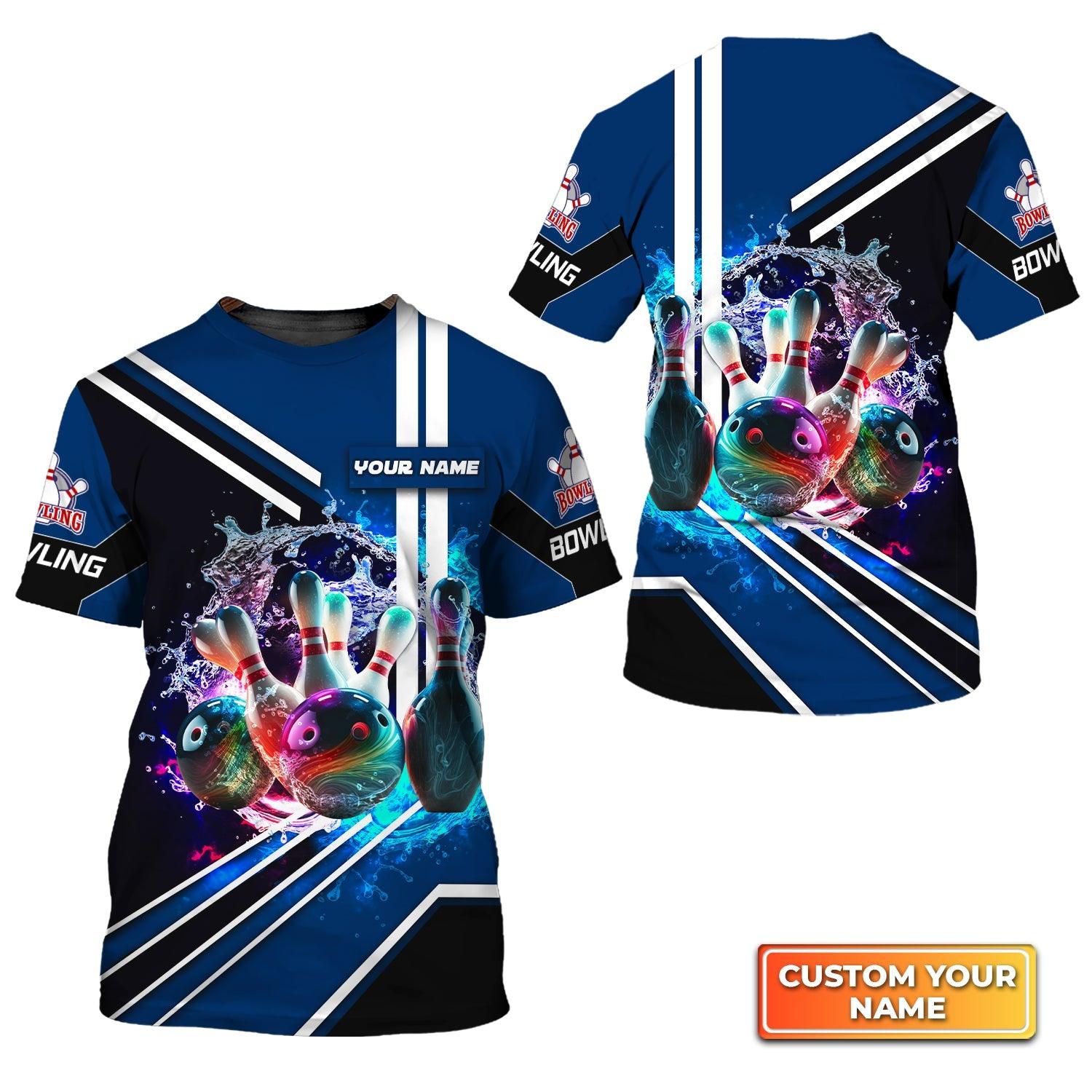 Bowling Custom Name T Shirt, Rainbow Bowling Ball And Pins On Water Personalized T-Shirt For Men, Perfect Gift For Bowling Lovers, Bowlers, Team - Amzanimalsgift
