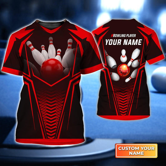 Bowling Custom Name T Shirt, Red Bowling Ball Crashing The Pins Personalized T-Shirt For Men, Perfect Gift For Bowling Lovers, Bowlers, Team, Friend - Amzanimalsgift