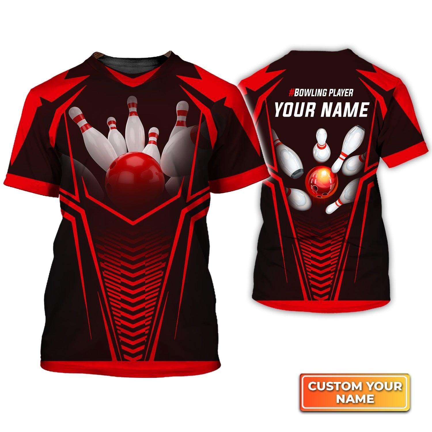Bowling Custom Name T Shirt, Red Bowling Ball Crashing The Pins Personalized T-Shirt For Men, Perfect Gift For Bowling Lovers, Bowlers, Team, Friend - Amzanimalsgift