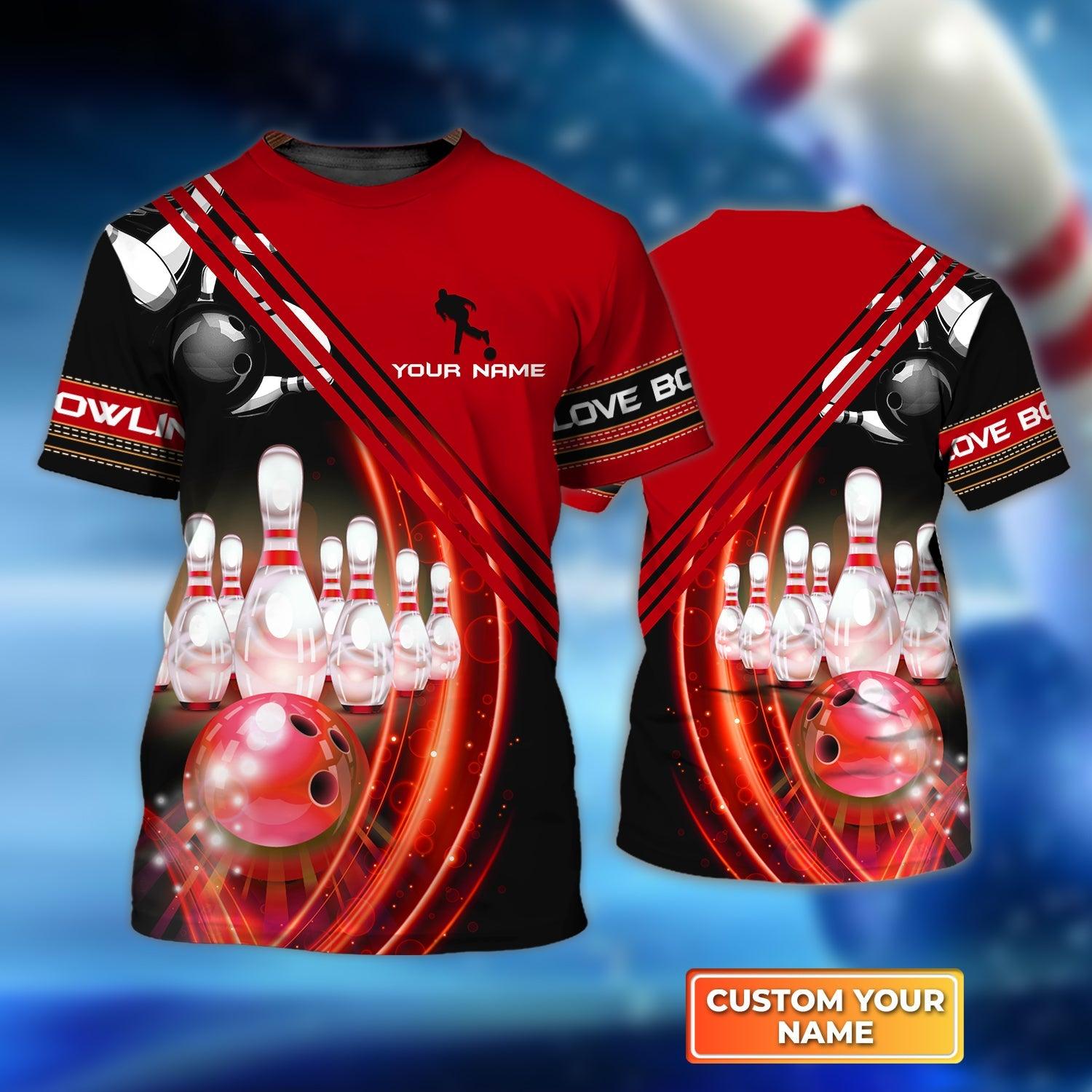 Bowling Custom Name T Shirt, Red Bowling Ball in Motion and the Pins Personalized T-Shirt For Men, Perfect Gift For Bowling Lovers, Bowlers, Team - Amzanimalsgift