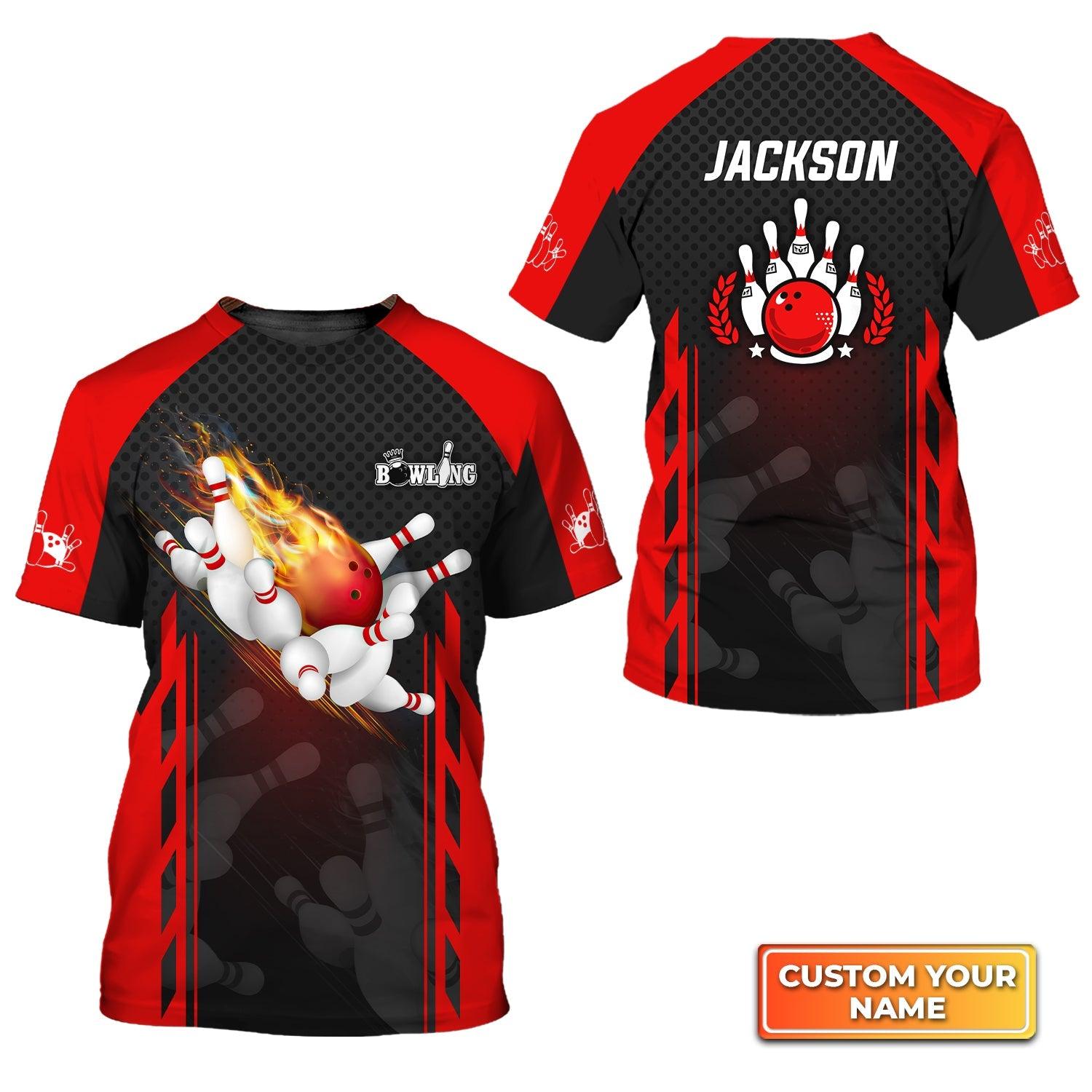 Bowling Custom Name T Shirt, Red Bowling Ball On Fire Personalized Name T-Shirt For Men, Perfect Gift For Bowling Lovers, Bowlers, Team, Friend - Amzanimalsgift