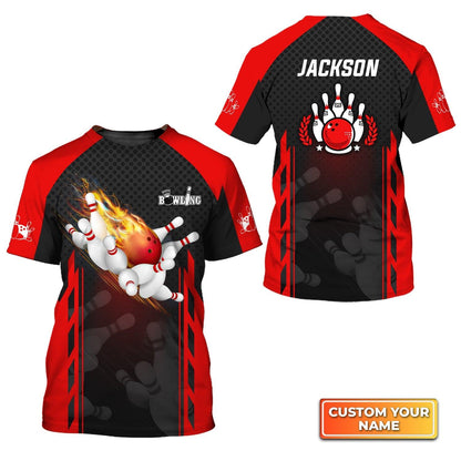 Bowling Custom Name T Shirt, Red Bowling Ball On Fire Personalized Name T-Shirt For Men, Perfect Gift For Bowling Lovers, Bowlers, Team, Friend - Amzanimalsgift