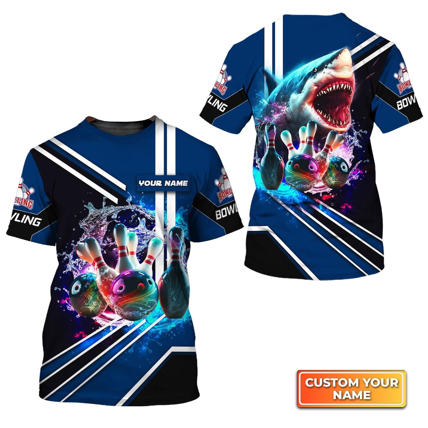 Bowling Custom Name T Shirt, Shark Team Rainbow Bowling Ball And Pins On Water Personalized T-Shirt For Men, Perfect Gift For Bowling Lovers, Bowlers - Amzanimalsgift