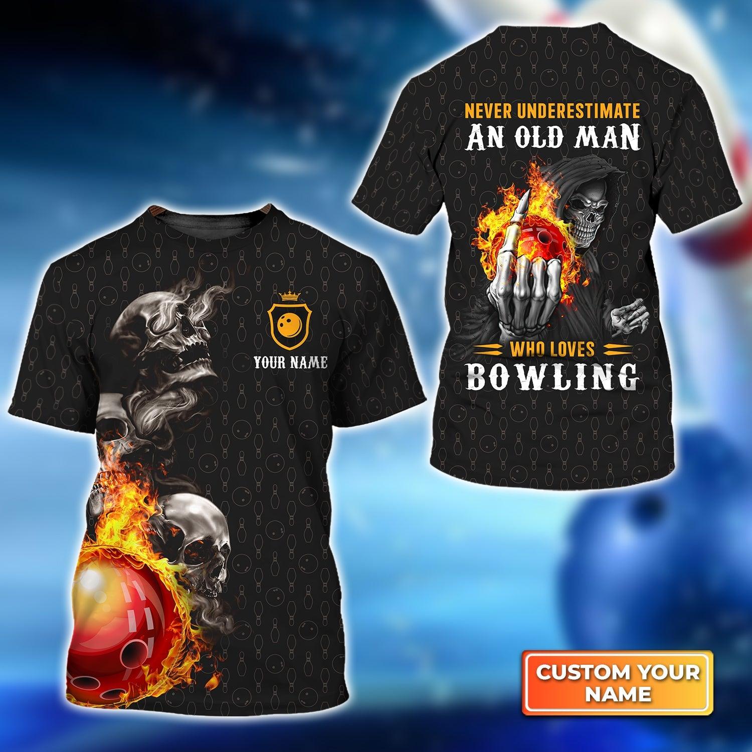 Bowling Custom Name T Shirt, Skull Never Underestimate An Old Man Who Loves Bowling Personalized Name T-Shirt For Men, Gift For Bowling Lovers, Team - Amzanimalsgift