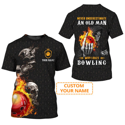 Bowling Custom Name T Shirt, Skull Never Underestimate An Old Man Who Loves Bowling Personalized Name T-Shirt For Men, Gift For Bowling Lovers, Team