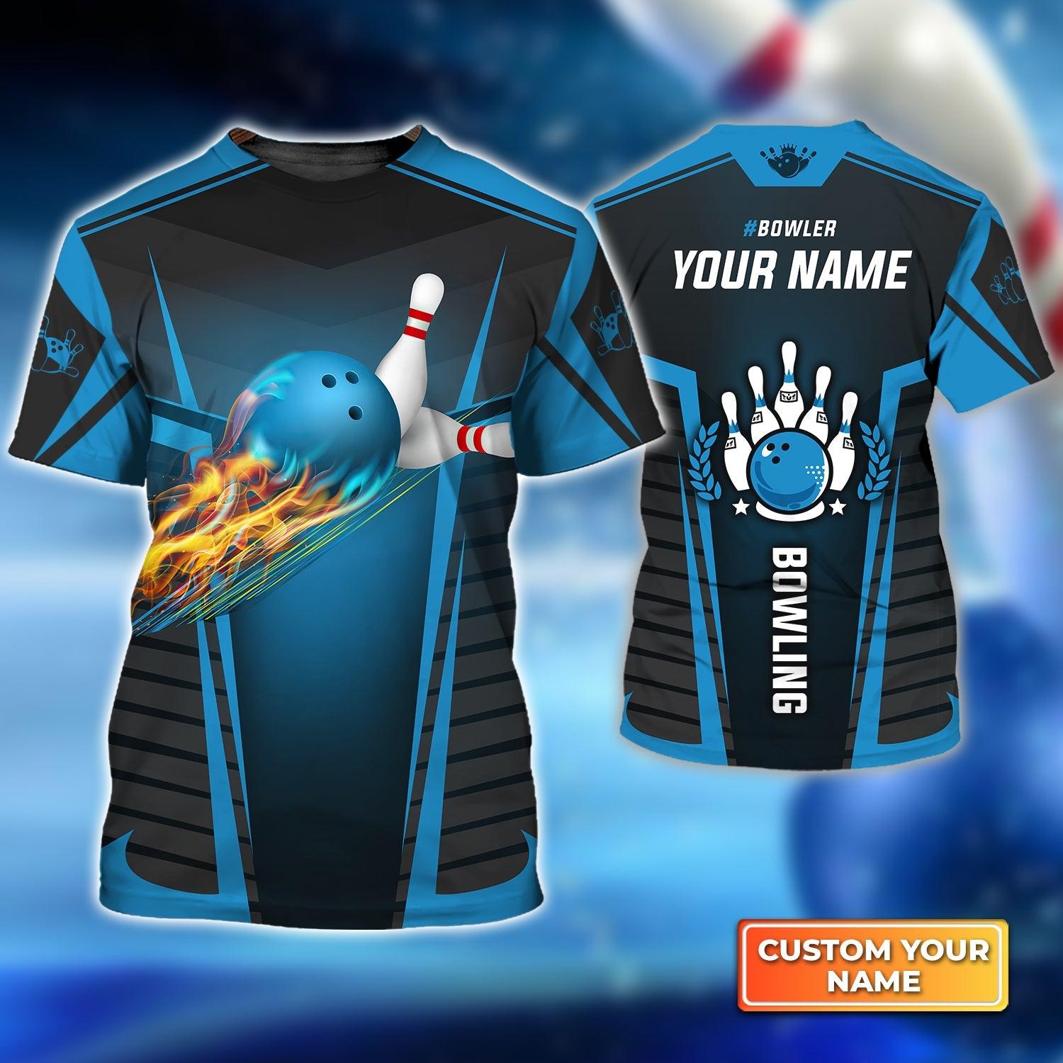 Bowling Custom Name T Shirt, The Blue Bowling Ball in Flames Breaks White Skittles Personalized T-Shirt For Men, Gift For Bowling Lovers, Bowlers - Amzanimalsgift