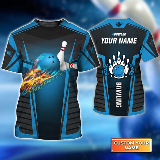 Bowling Custom Name T Shirt, The Blue Bowling Ball in Flames Breaks White Skittles Personalized T-Shirt For Men, Gift For Bowling Lovers, Bowlers - Amzanimalsgift