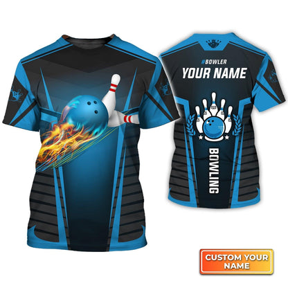 Bowling Custom Name T Shirt, The Blue Bowling Ball in Flames Breaks White Skittles Personalized T-Shirt For Men, Gift For Bowling Lovers, Bowlers - Amzanimalsgift