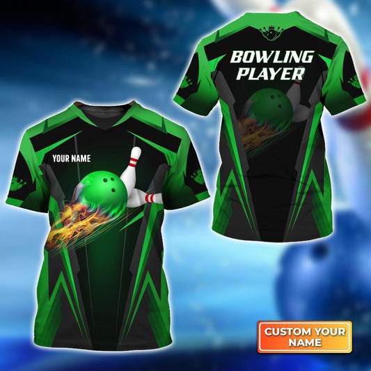Bowling Custom Name T Shirt, The Green Bowling Ball in Flames Breaks White Skittles Personalized T-Shirt For Men, Gift For Bowling Lovers, Bowlers - Amzanimalsgift