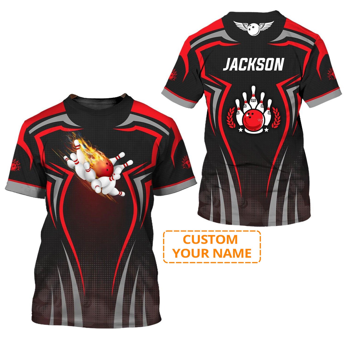 Bowling Custom Name T Shirt, The Red Bowling Ball Crashing The Pins Personalized T-Shirt For Men, Perfect Gift For Bowling Lovers, Bowlers, Team