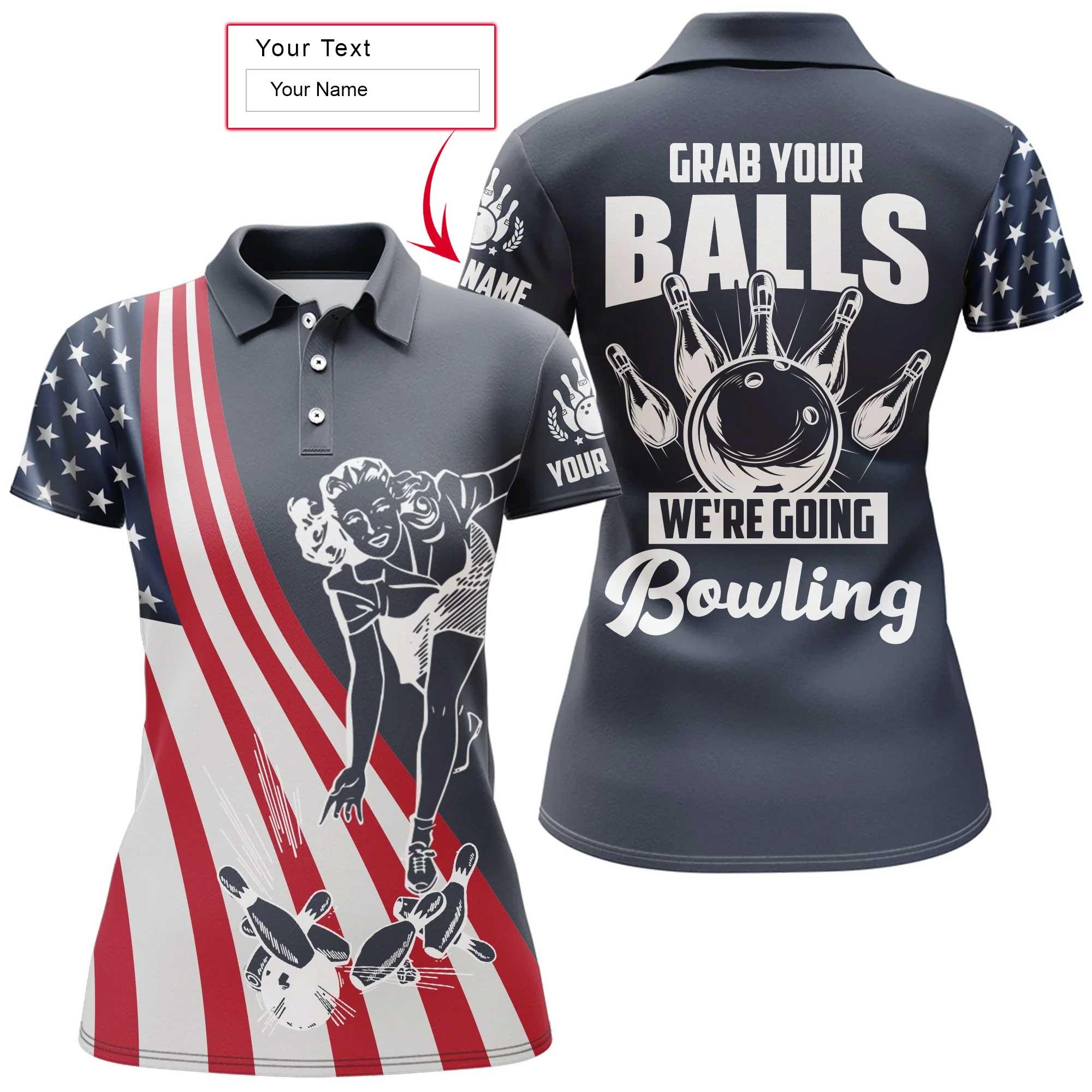 Bowling Custom Name Women Polo Shirt - American Flag, We're Going Bowling Personalized Bowling Polo Shirt - Gift For Friend, Family, Bowling Lovers - Amzanimalsgift