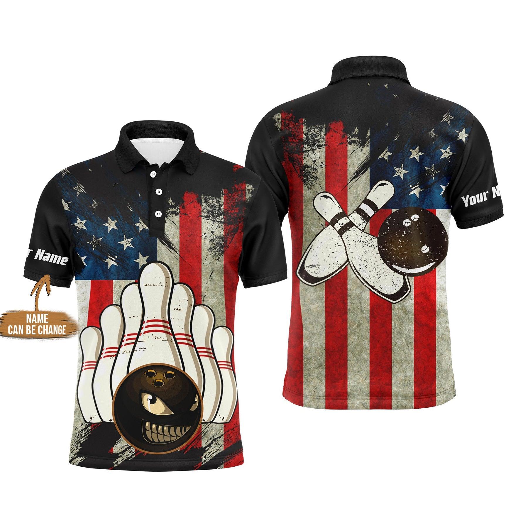 Bowling Custom Polo Shirt - Custom Name American Flag Evil Personalized Bowling Polo Shirt - Gift For Friend, Family - Amzanimalsgift