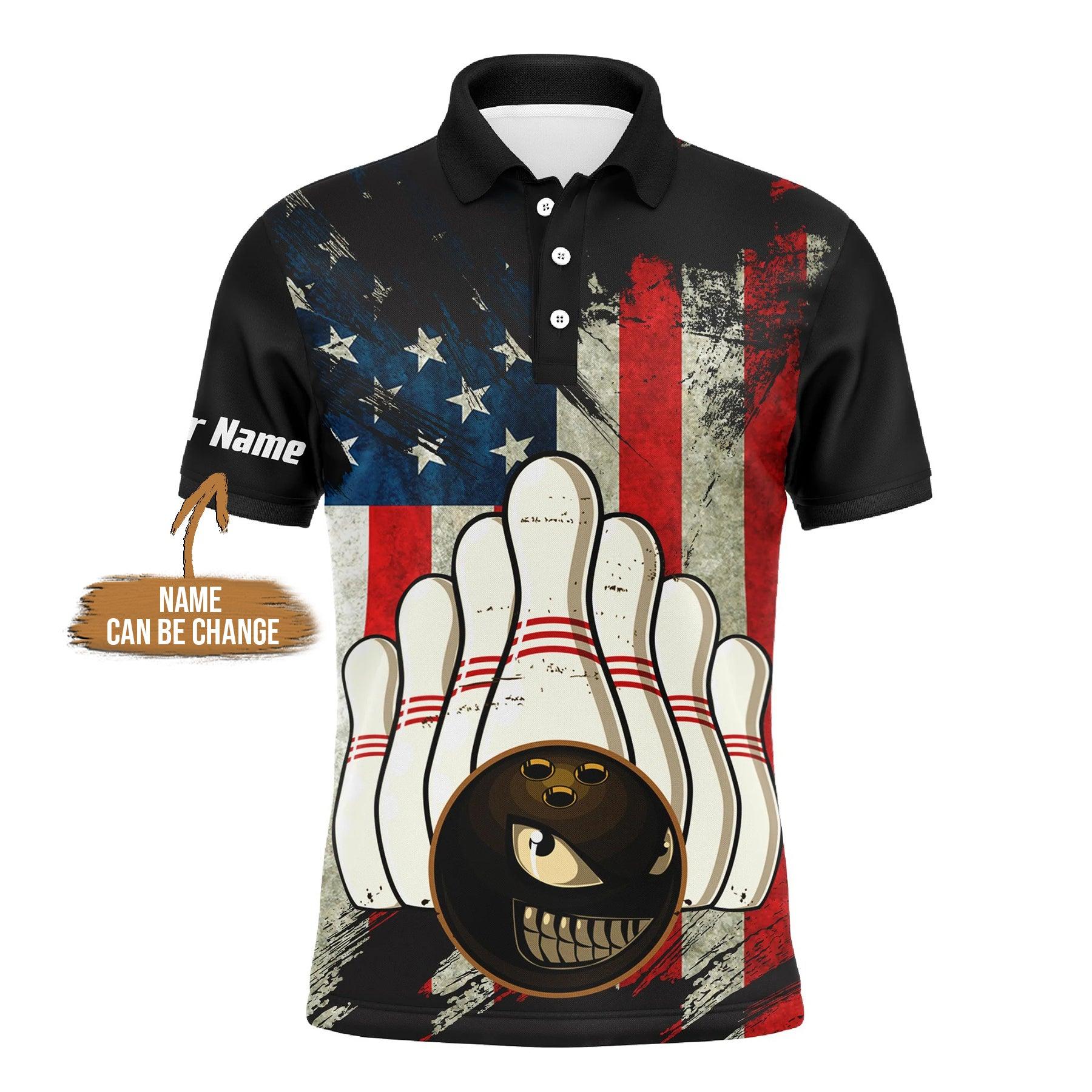 Bowling Custom Polo Shirt - Custom Name American Flag Evil Personalized Bowling Polo Shirt - Gift For Friend, Family - Amzanimalsgift