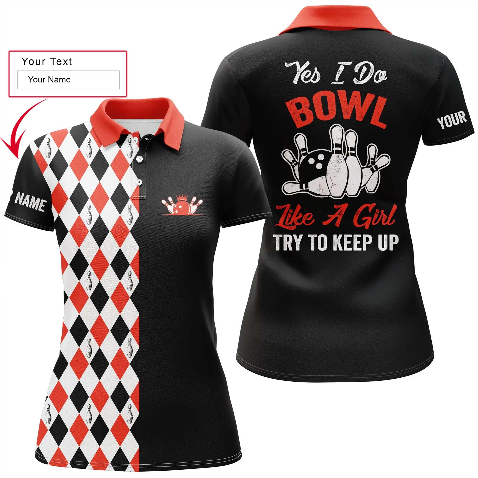 Bowling Custom Women Polo Shirt - Black Red Bowling Custom Name, Bowl Like A Girl Personalized Bowling Polo Shirt - Gift For Friend, Family, Bowling Lovers - Amzanimalsgift