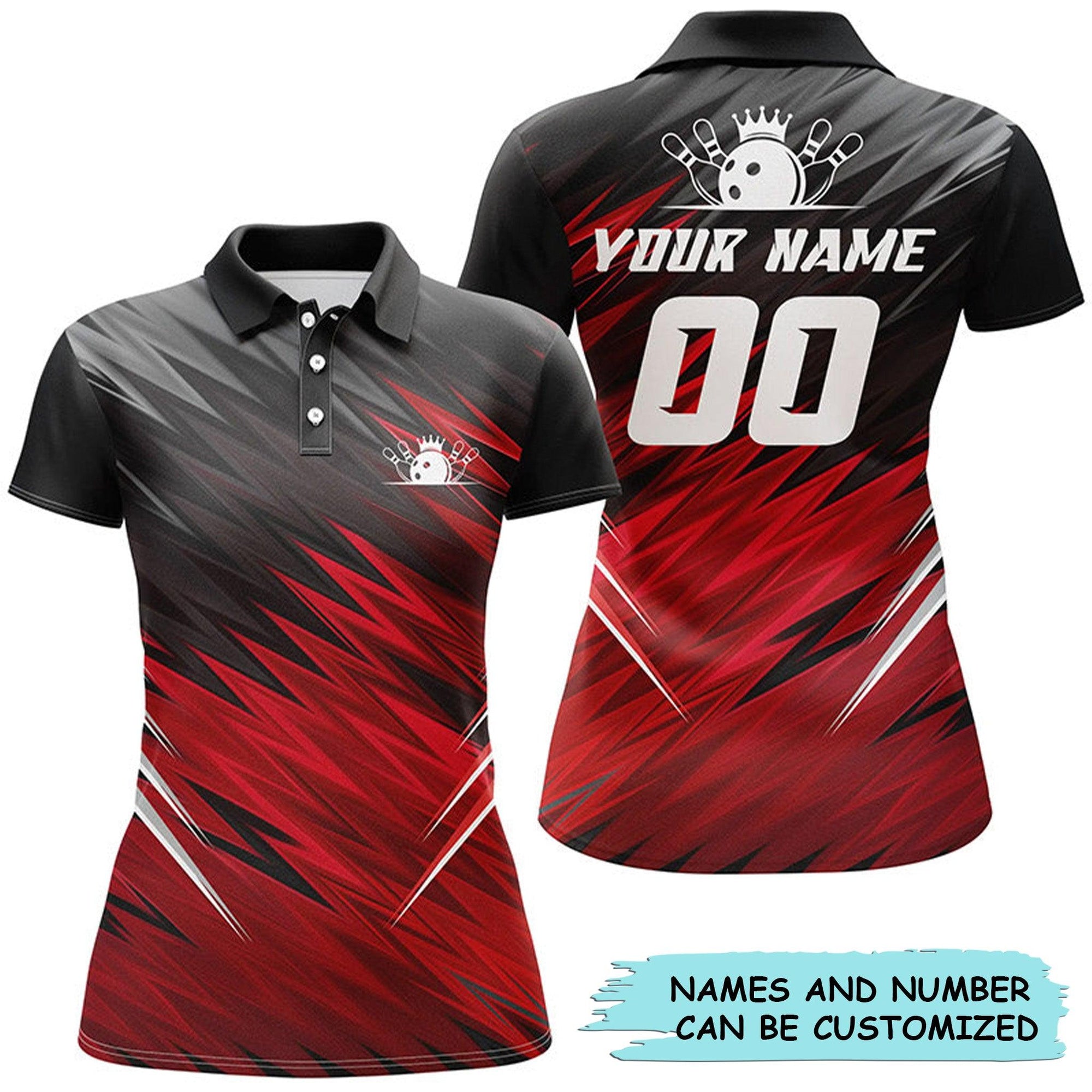 Bowling Custom Women Polo Shirt - Bowling Custom Name Number Polo Shirt, Red And Black Personalized Bowling Polo Shirt - Gift For Friend, Family, Bowling Lovers - Amzanimalsgift