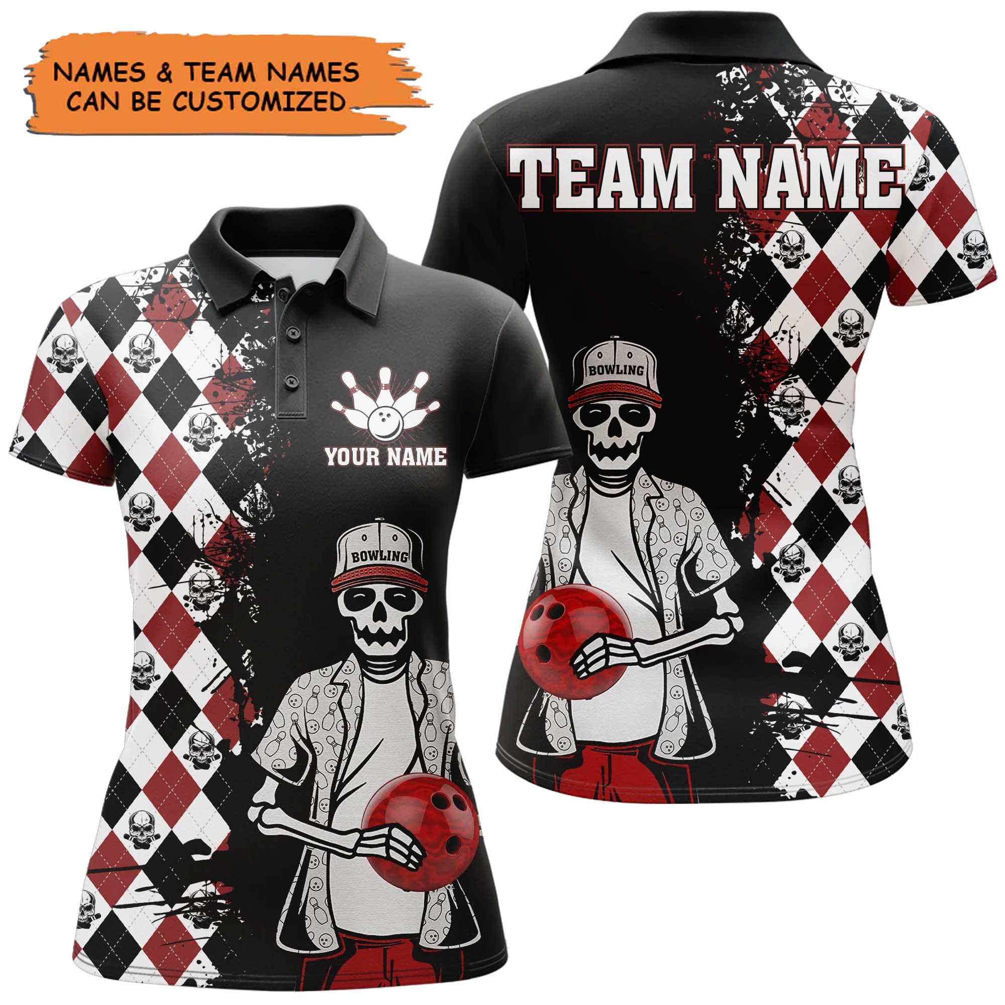 Bowling Custom Women Polo Shirt - Custom Name Argyle Pattern Skull Bowling Personalized Bowling Polo Shirt - Gift For Friend, Family, Bowling Lovers - Amzanimalsgift