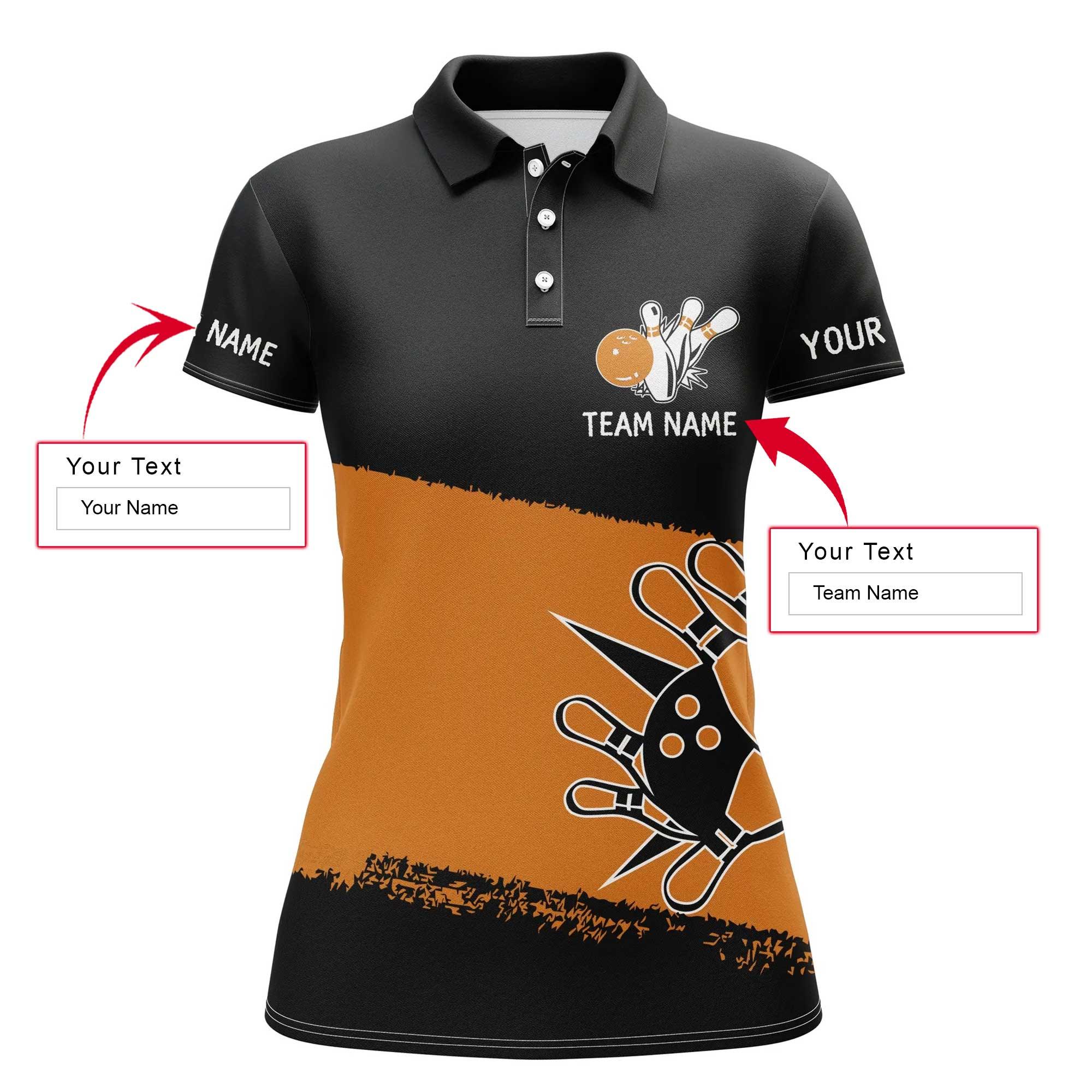 Bowling Custom Women Polo Shirt - Custom Name Black Orange Bowling Balls And Pins Personalized Bowling Polo Shirt - Gift For Friend, Family, Bowling Lovers - Amzanimalsgift