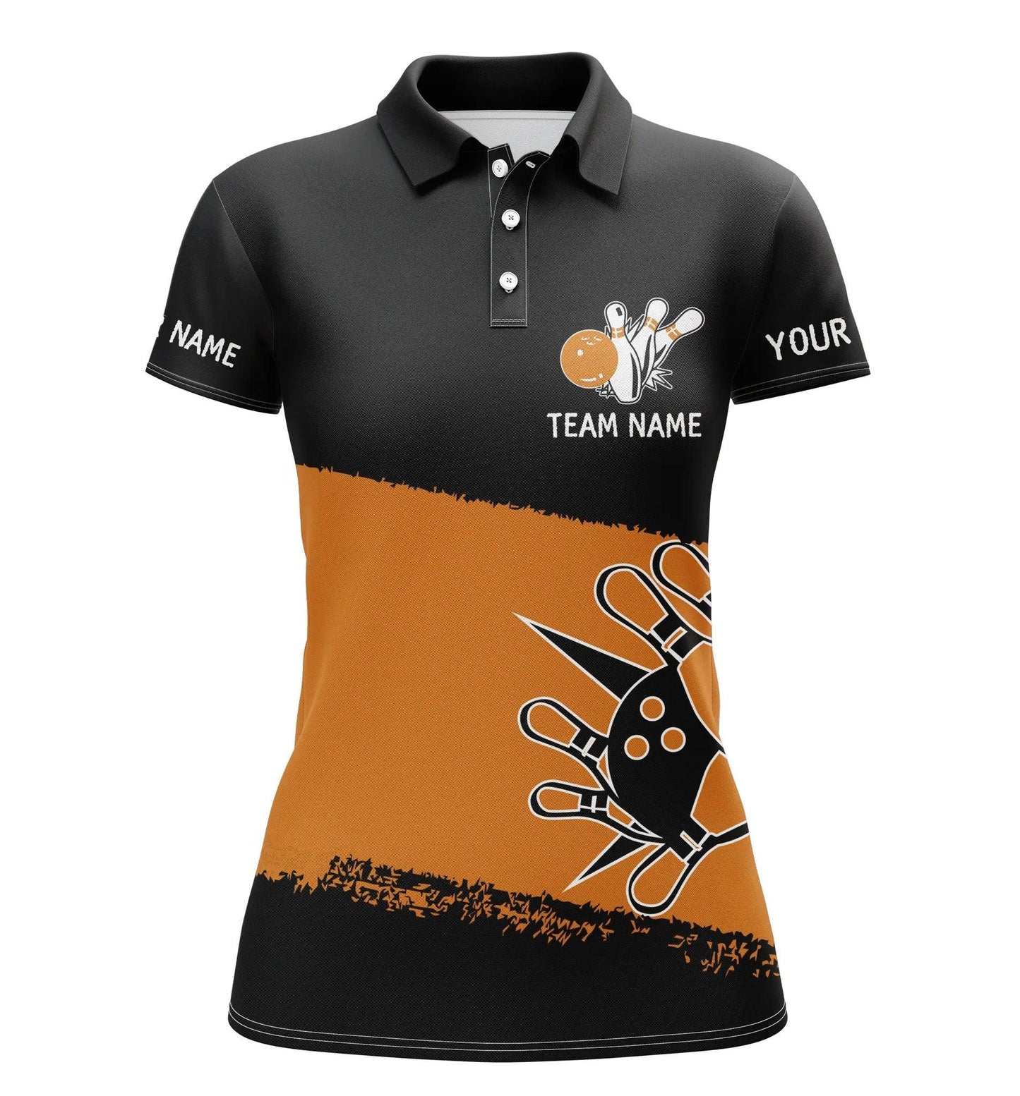 Bowling Custom Women Polo Shirt - Custom Name Black Orange Bowling Balls And Pins Personalized Bowling Polo Shirt - Gift For Friend, Family, Bowling Lovers - Amzanimalsgift