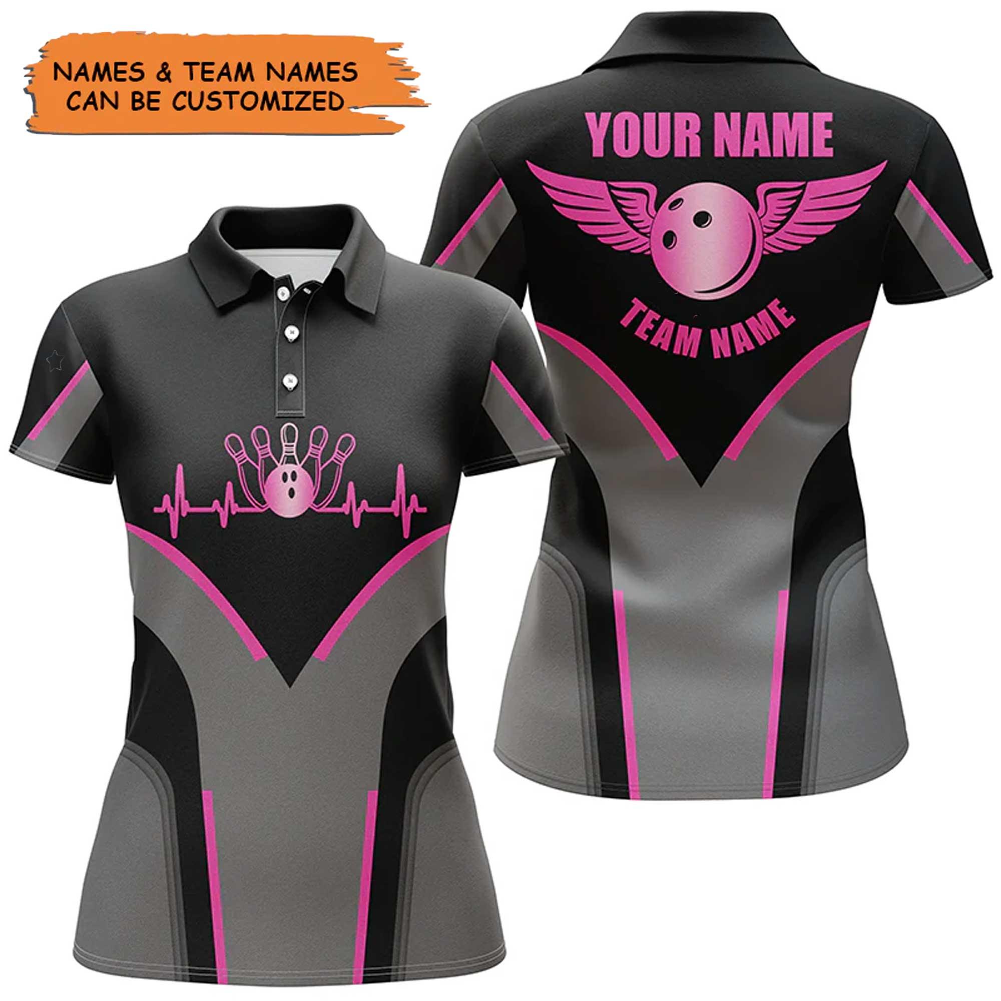 Bowling Custom Women Polo Shirt - Custom Name Black Pink Bowling Heartbeat Personalized Bowling Polo Shirt - Gift For Friend, Family, Bowling Lovers - Amzanimalsgift