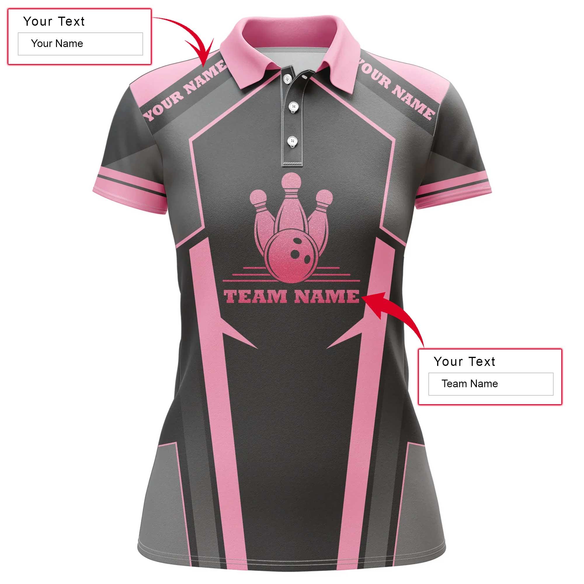 Bowling Custom Women Polo Shirt - Custom Name Black Pink Bowling Personalized Bowling Polo Shirt - Gift For Friend, Family, Bowling Lovers - Amzanimalsgift