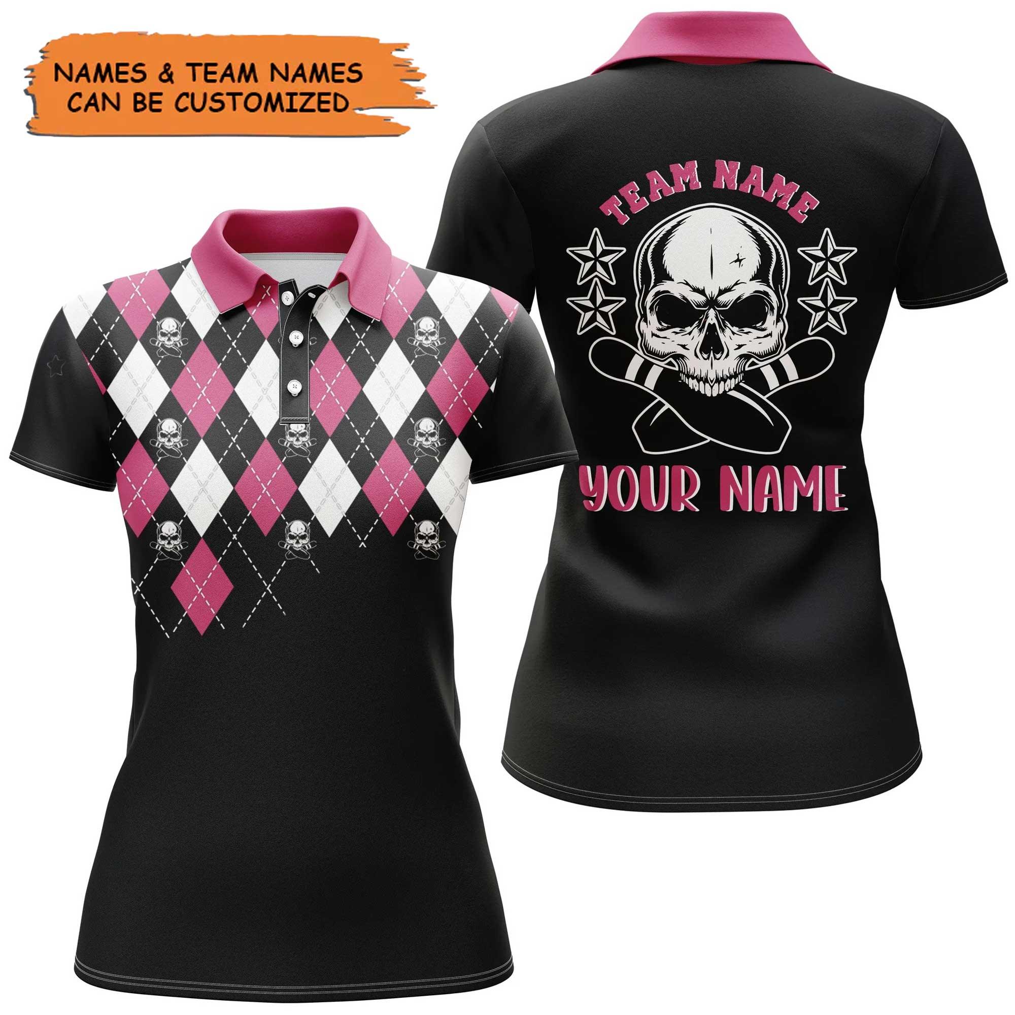 Bowling Custom Women Polo Shirt - Custom Name Black Pink Bowling Skull Personalized Bowling Polo Shirt - Gift For Friend, Family, Bowling Lovers - Amzanimalsgift