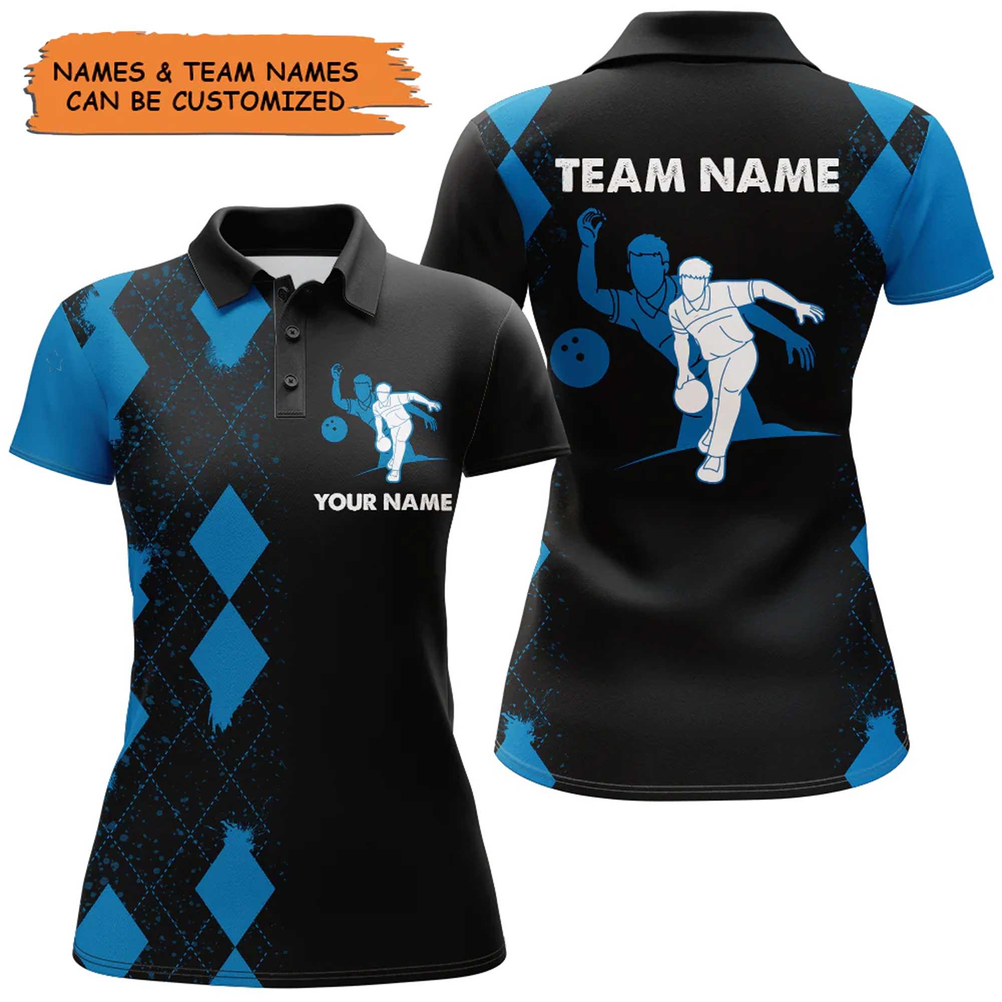 Bowling Custom Women Polo Shirt - Custom Name Blue Black Argyle Pattern Bowling Personalized Bowling Polo Shirt - Gift For Friend, Family, Bowling Lovers - Amzanimalsgift