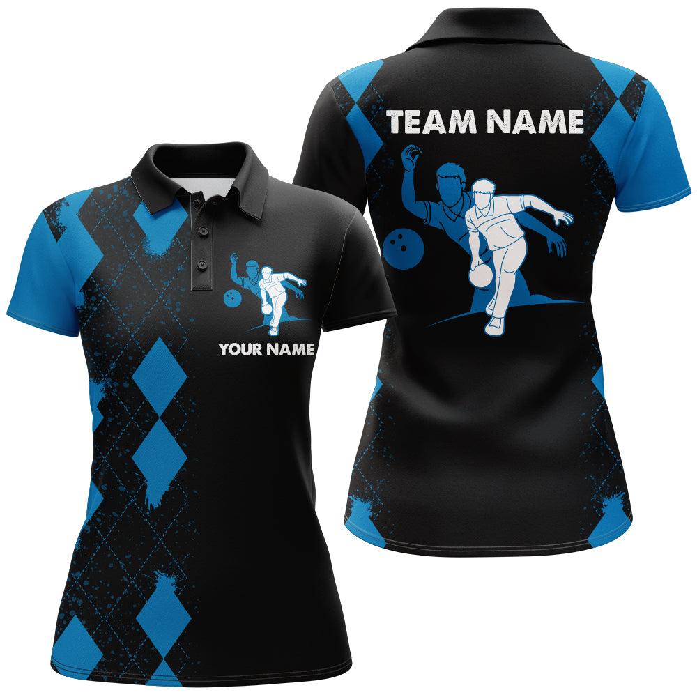 Bowling Custom Women Polo Shirt - Custom Name Blue Black Argyle Pattern Bowling Personalized Bowling Polo Shirt - Gift For Friend, Family, Bowling Lovers - Amzanimalsgift