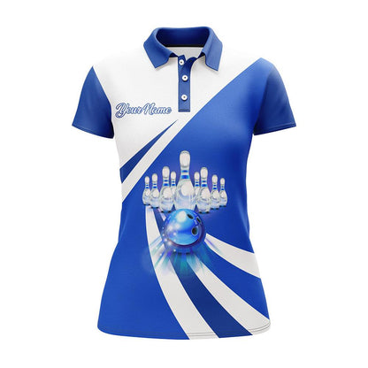 Bowling Custom Women Polo Shirt - Custom Name Blue Bowling Personalized Bowling Polo Shirt - Gift For Friend, Family, Bowling Lovers - Amzanimalsgift