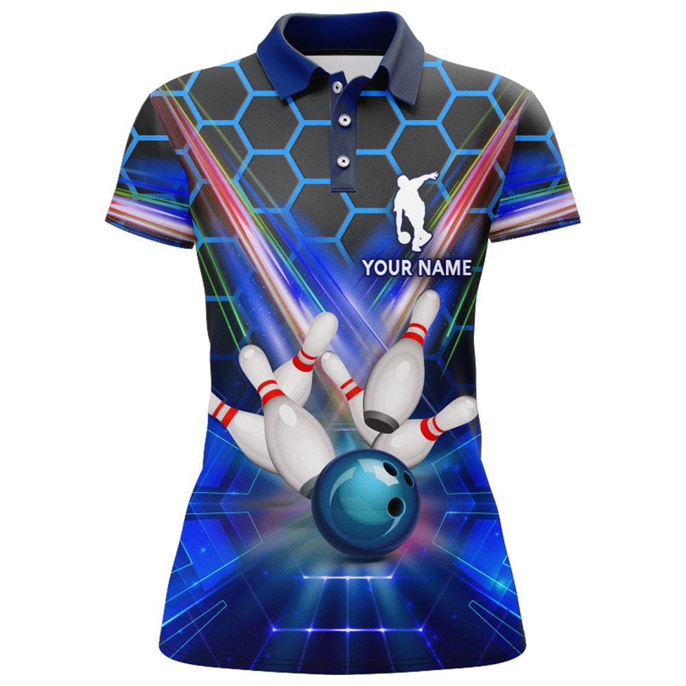 Bowling Custom Women Polo Shirt - Custom Name Blue Bowling Personalized Bowling Polo Shirt - Gift For Friend, Family, Bowling Lovers - Amzanimalsgift
