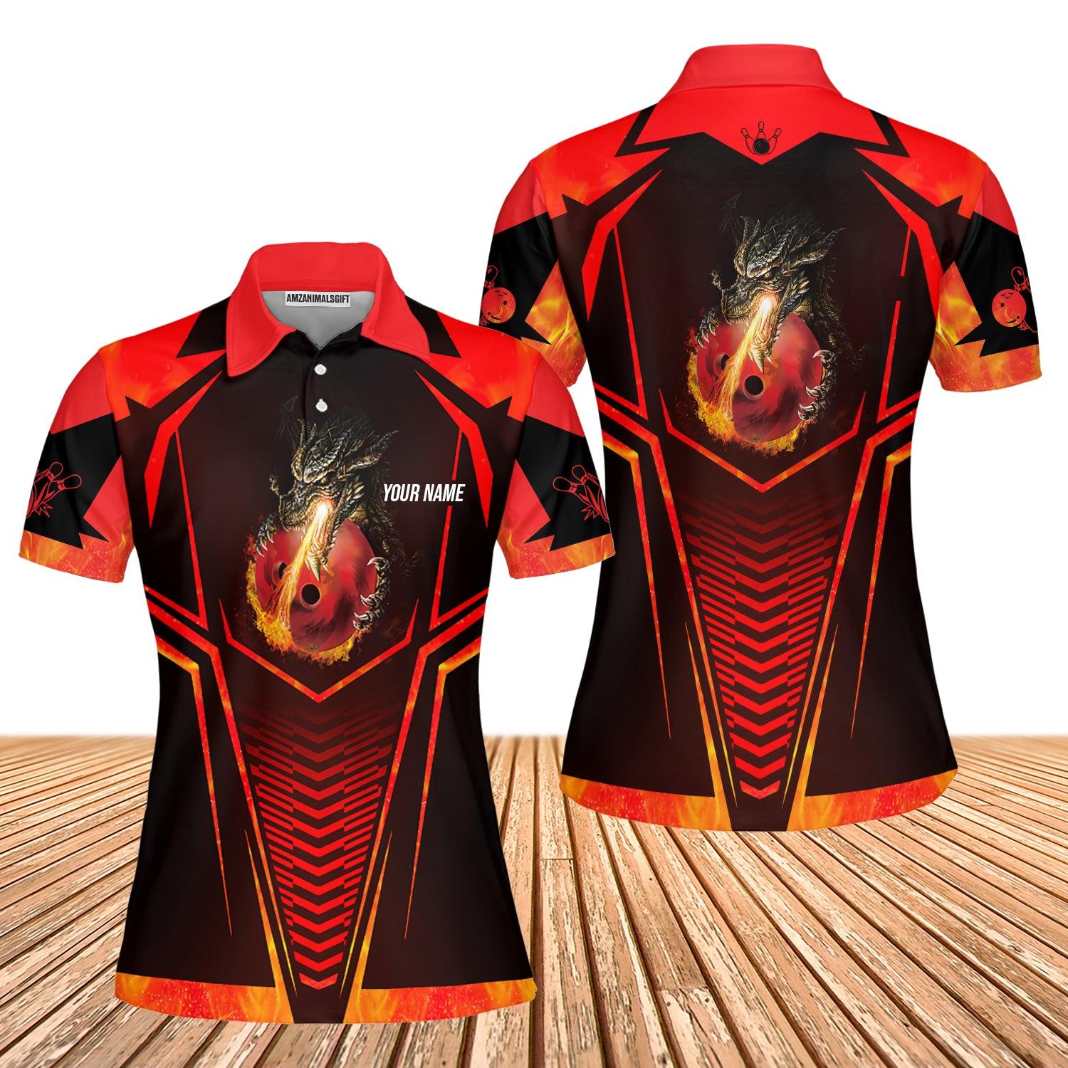 Bowling Custom Women Polo Shirt, Custom Name Dragon Fire Flame Personalized Bowling Polo Shirt - Perfect Gift For Friend, Family - Amzanimalsgift