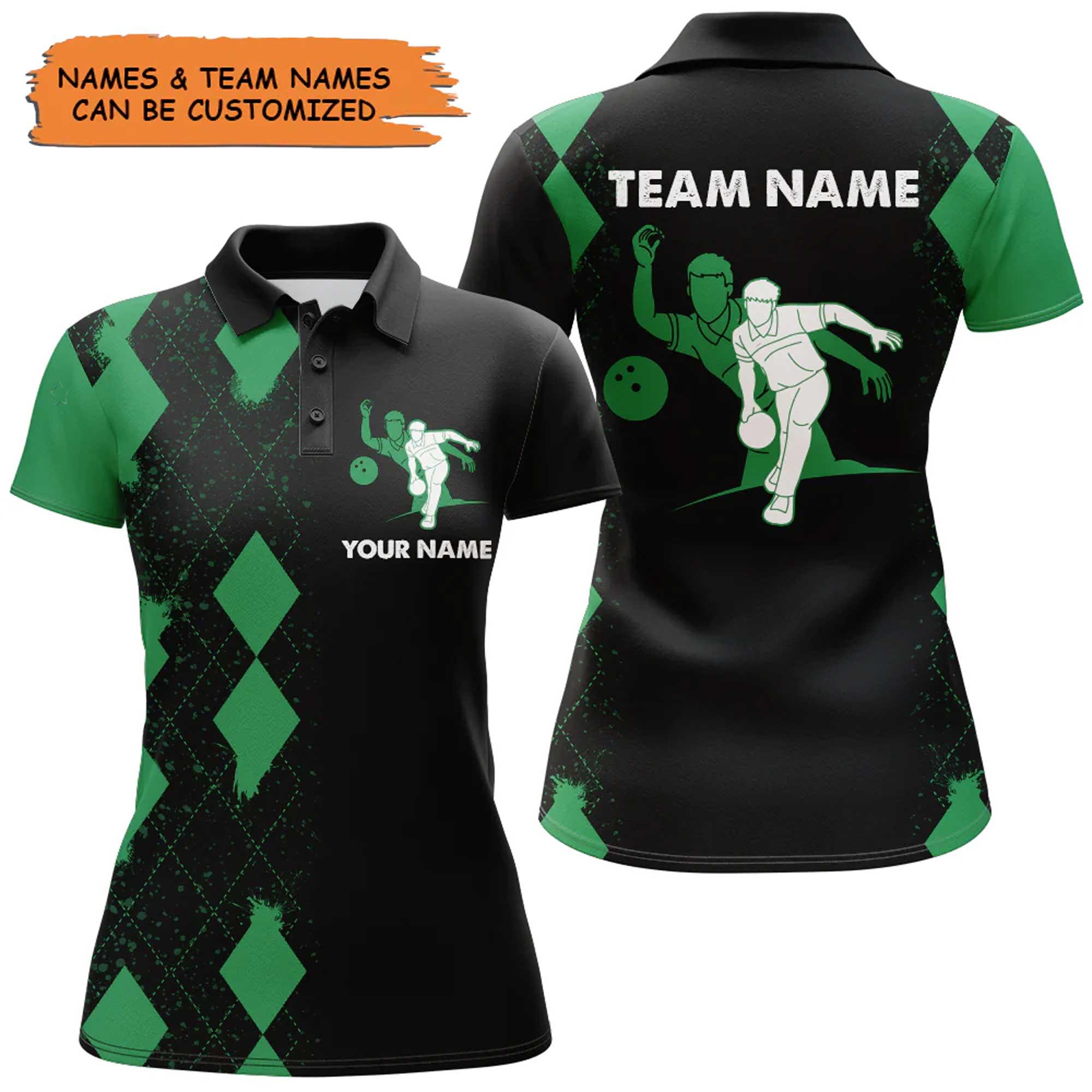 Bowling Custom Women Polo Shirt - Custom Name Green Black Argyle Pattern Personalized Bowling Polo Shirt - Gift For Friend, Family, Bowling Lovers - Amzanimalsgift