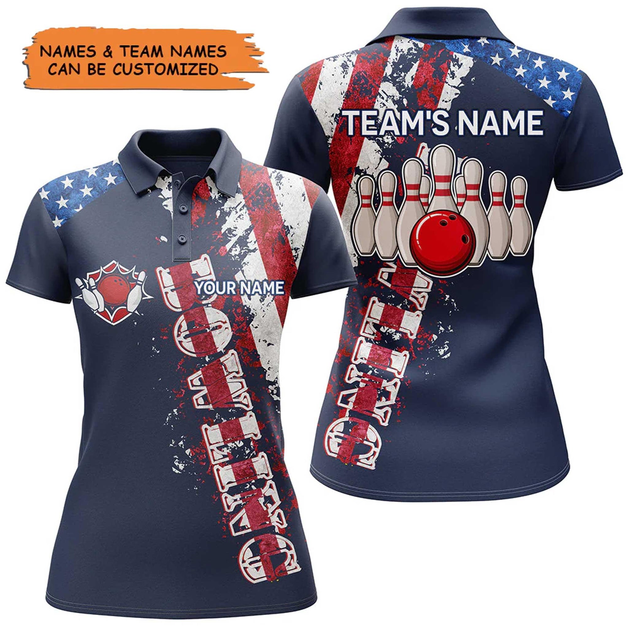 Bowling Custom Women Polo Shirt - Custom Name Patriotic American Flag Bowling Personalized Bowling Polo Shirt - Gift For Friend, Family, Bowling Lovers - Amzanimalsgift