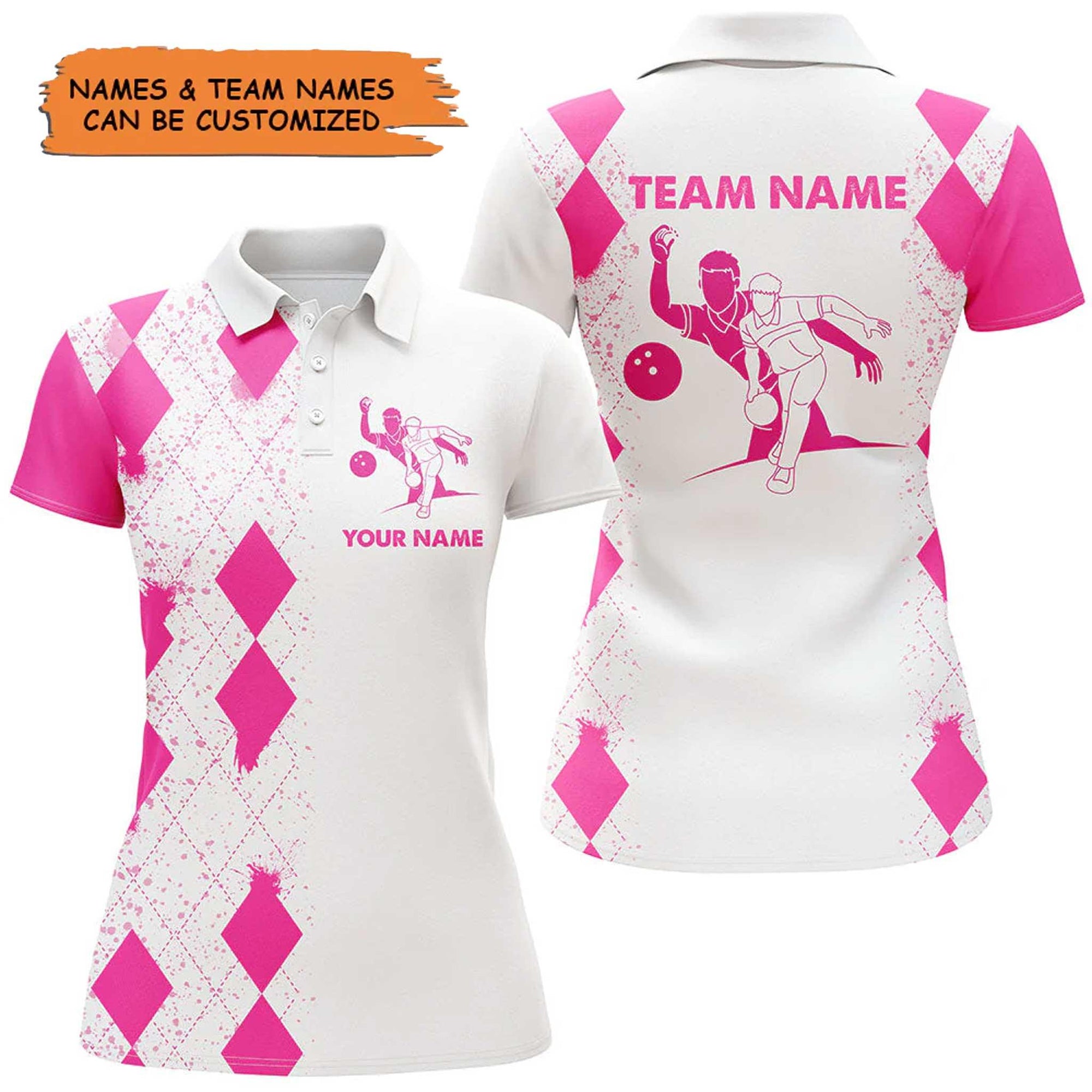 Bowling Custom Women Polo Shirt - Custom Name Pink Bowling Argyle Pattern Personalized Bowling Polo Shirt - Gift For Friend, Family, Bowling Lovers - Amzanimalsgift