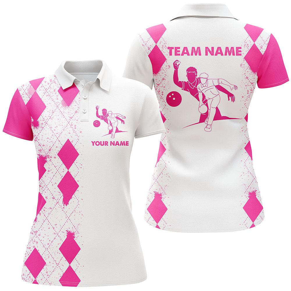 Bowling Custom Women Polo Shirt - Custom Name Pink Bowling Argyle Pattern Personalized Bowling Polo Shirt - Gift For Friend, Family, Bowling Lovers - Amzanimalsgift