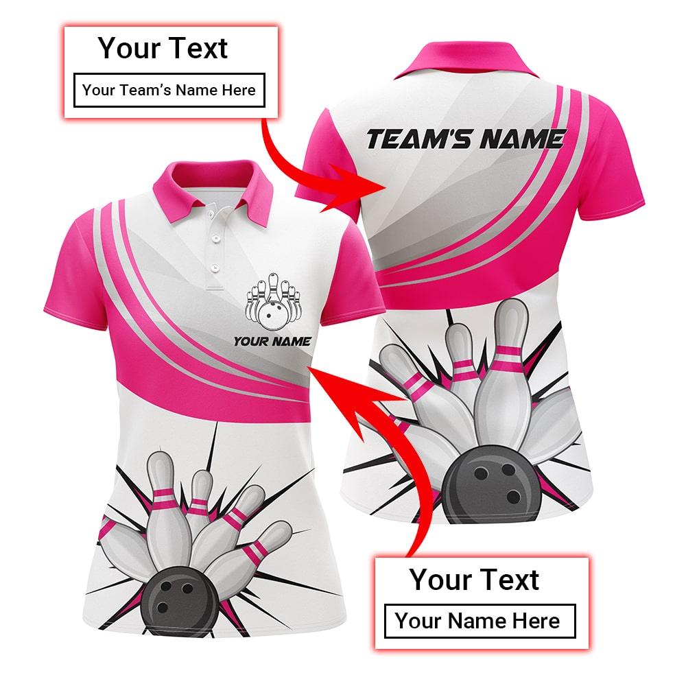 Bowling Custom Women Polo Shirt - Custom Name Pink Bowling Ball Pin Personalized Bowling Polo Shirt - Gift For Friend, Family, Bowling Lovers - Amzanimalsgift