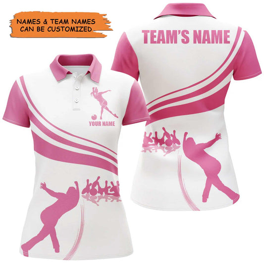 Bowling Custom Women Polo Shirt - Custom Name Pink Bowling Personalized Bowling Polo Shirt - Gift For Friend, Family, Bowling Lovers - Amzanimalsgift