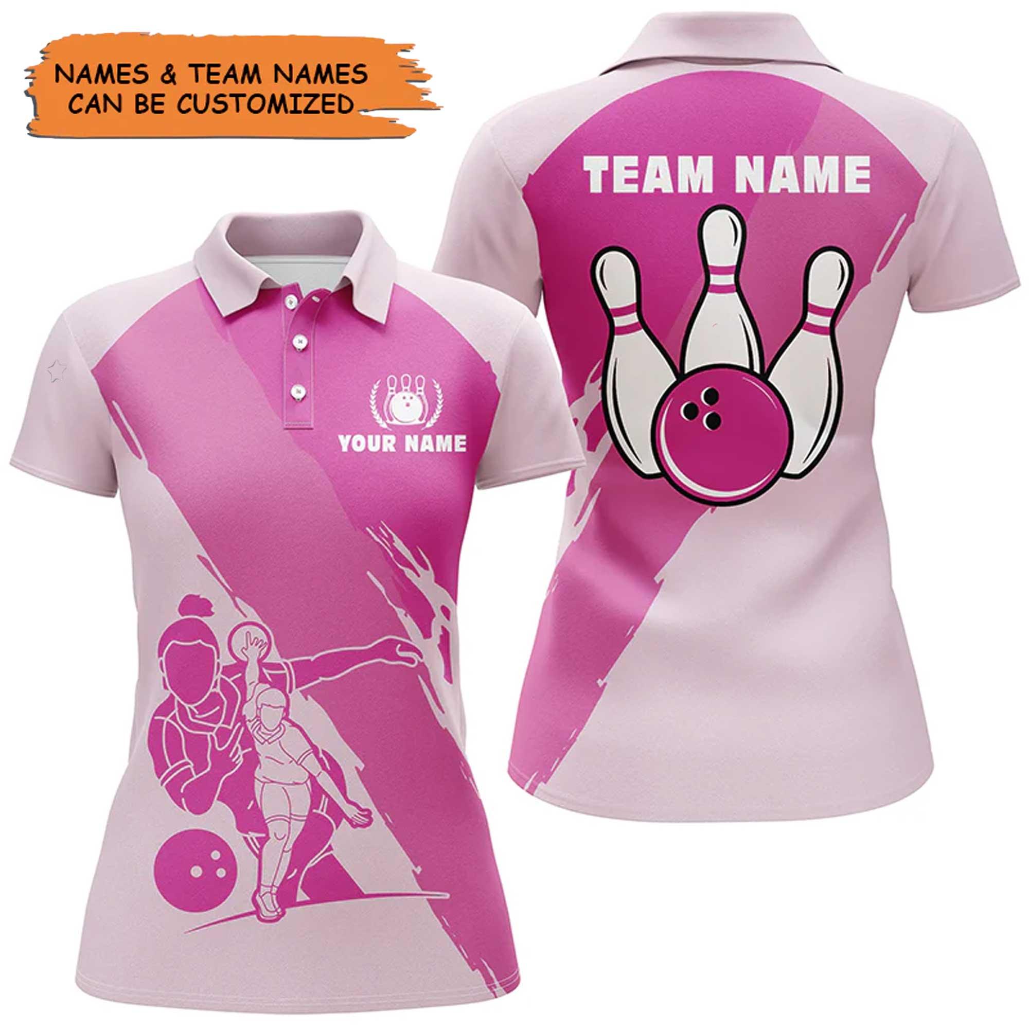 Bowling Custom Women Polo Shirt - Custom Name Pink Bowling Personalized Bowling Polo Shirt - Gift For Friend, Family, Bowling Lovers - Amzanimalsgift