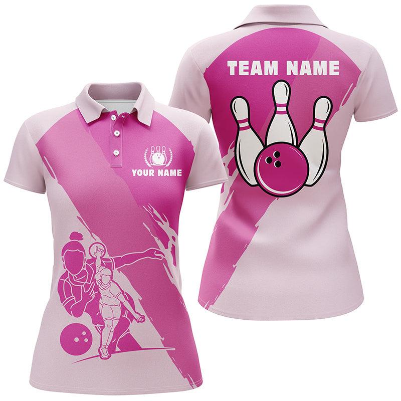 Bowling Custom Women Polo Shirt - Custom Name Pink Bowling Personalized Bowling Polo Shirt - Gift For Friend, Family, Bowling Lovers - Amzanimalsgift