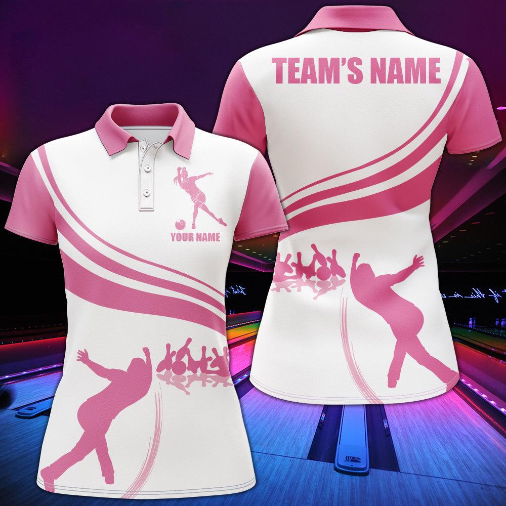 Bowling Custom Women Polo Shirt - Custom Name Pink Bowling Personalized Bowling Polo Shirt - Gift For Friend, Family, Bowling Lovers - Amzanimalsgift