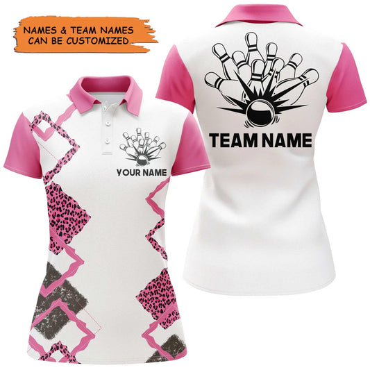 Bowling Custom Women Polo Shirt - Custom Name Pink Leopard Bowling Personalized Bowling Polo Shirt - Gift For Friend, Family, Bowling Lovers - Amzanimalsgift