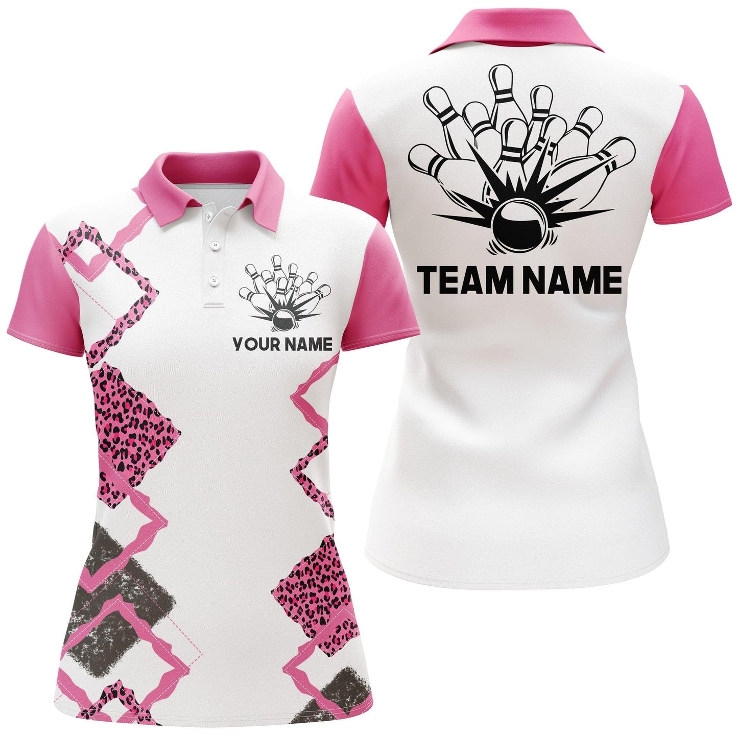 Bowling Custom Women Polo Shirt - Custom Name Pink Leopard Bowling Personalized Bowling Polo Shirt - Gift For Friend, Family, Bowling Lovers - Amzanimalsgift