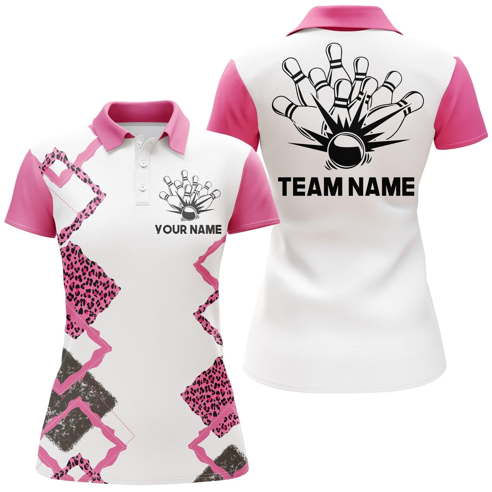 Bowling Custom Women Polo Shirt - Custom Name Pink Leopard Bowling Personalized Bowling Polo Shirt - Gift For Friend, Family, Bowling Lovers - Amzanimalsgift