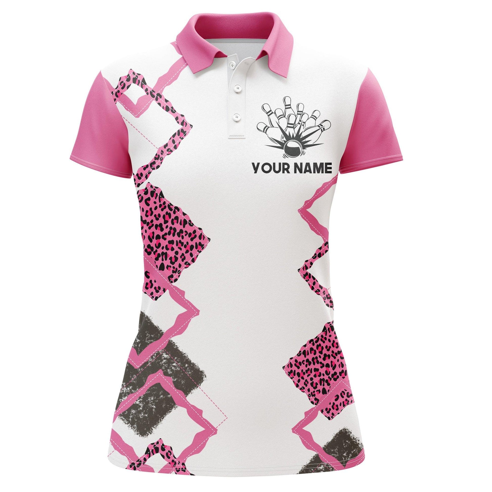 Bowling Custom Women Polo Shirt - Custom Name Pink Leopard Bowling Personalized Bowling Polo Shirt - Gift For Friend, Family, Bowling Lovers - Amzanimalsgift