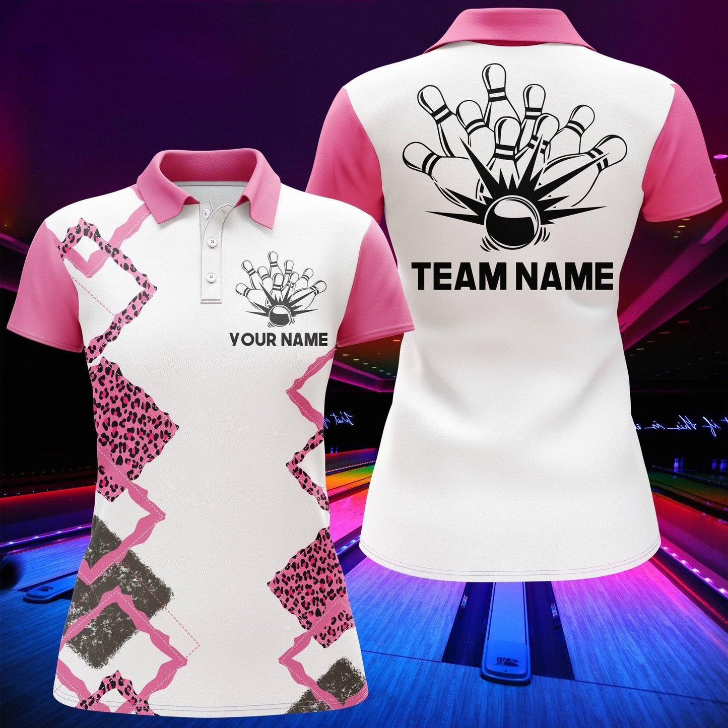 Bowling Custom Women Polo Shirt - Custom Name Pink Leopard Bowling Personalized Bowling Polo Shirt - Gift For Friend, Family, Bowling Lovers - Amzanimalsgift