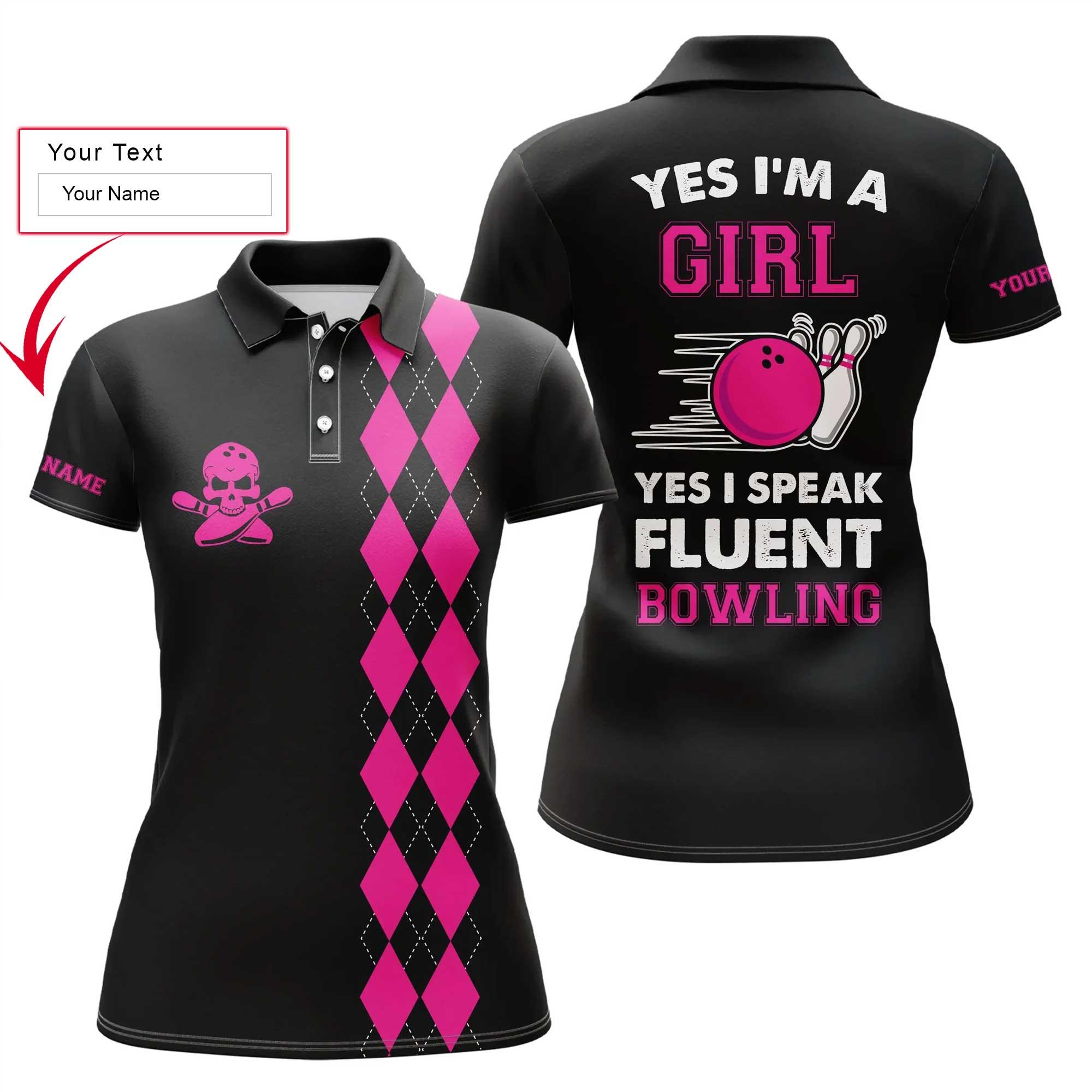 Bowling Custom Women Polo Shirt - Custom Name Polo Shirt, Black Pink Argyle Plaid Personalized Bowling Polo Shirt- Gift For Friend, Family, Bowling Lovers - Amzanimalsgift